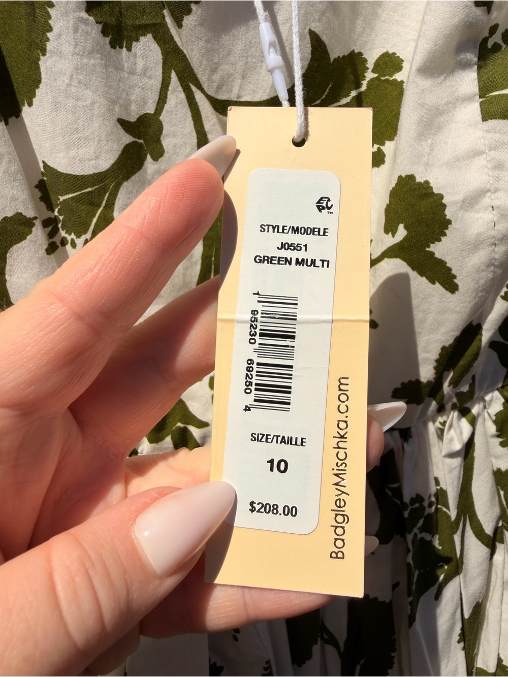 Badgley Mischka Cream Dress with Olive Green Floral Print - Picture 4 of 5